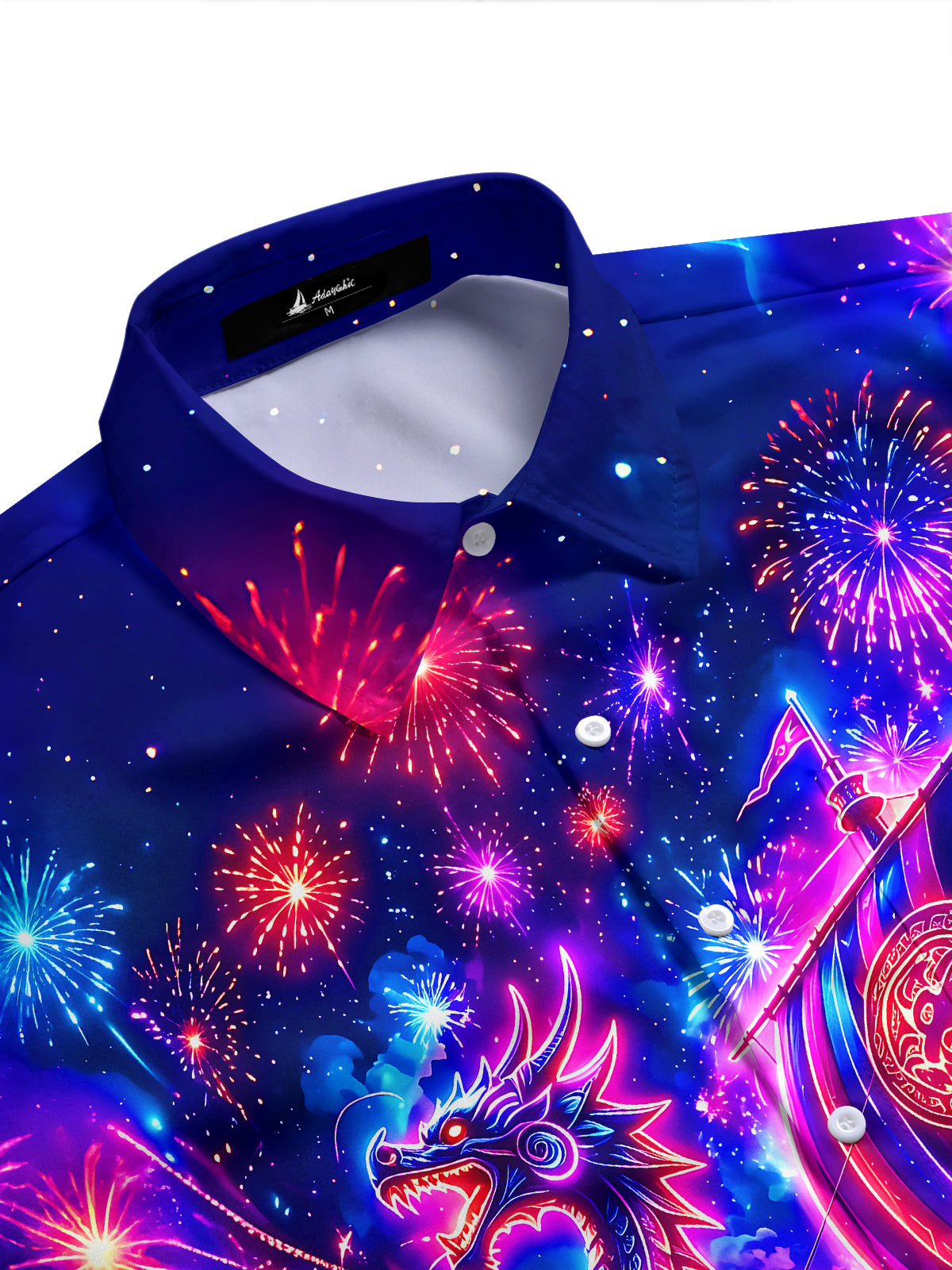 Adaychic Men's Graphic Neon Dragon Ship Print Short Sleeve Shirt with Chest Pocket
