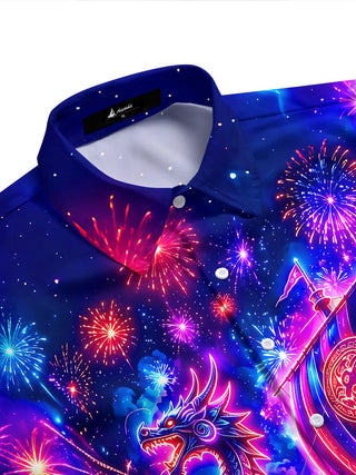 Adaychic Men's Graphic Neon Dragon Ship Print Short Sleeve Shirt with Chest Pocket