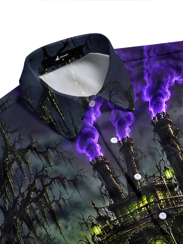 Adaychic Men's Short Sleeve Shirt - Halloween Ghostly Steamboat With Green Fog And Purple Smoke Print with Chest Pocket