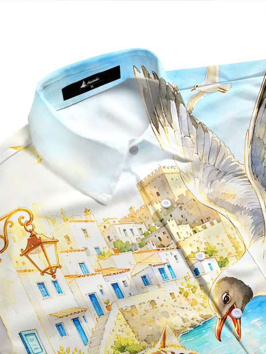 Adaychic Men's Hawaiian Cat Holding Fish And Seagull Print Short Sleeve Shirt with Chest Pocket