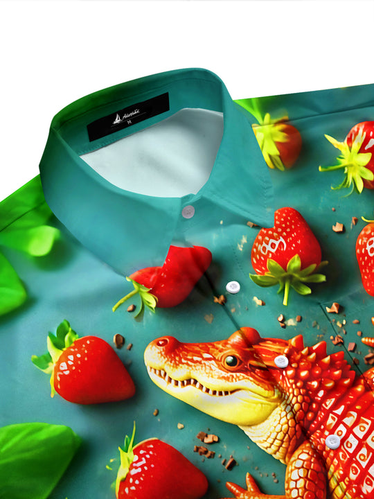 Adaychic Strawberry Crocodile Men's Short Sleeve Shirt with Chest Pocket