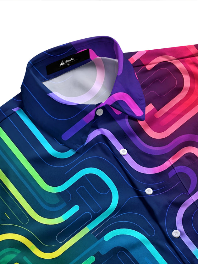 Adaychic Men's Retro Neon Wavy Lines Print Long Sleeve Shirt with Chest Pocket