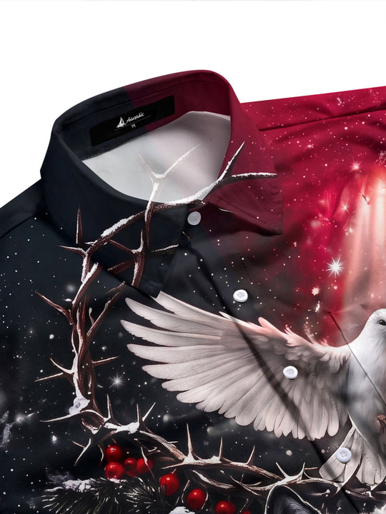 Adaychic Men's Long Sleeve Shirt - Christmas Wolf And Peace Dove With Snow And Berries Print with Chest Pocket