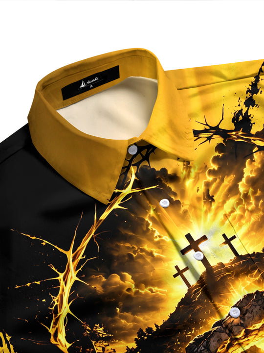 Adaychic Men's Long Sleeve Shirt - Easter Resurrection Scene With Three Crosses And Open Tomb Print with Chest Pocket