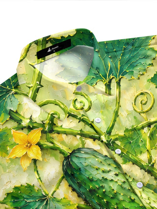 Adaychic Men's Hawaiian Cucumber And Vine Leaves Print Short Sleeve Shirt with Chest Pocket