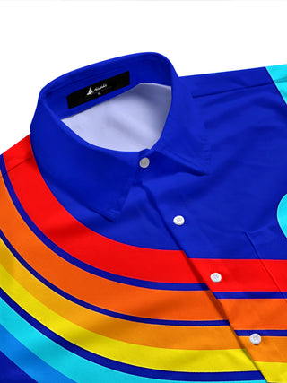 Adaychic Men's Short Sleeve Stand Collar Shirt - Neon Geometric Curved Lines And Circles Print with Chest Pocket