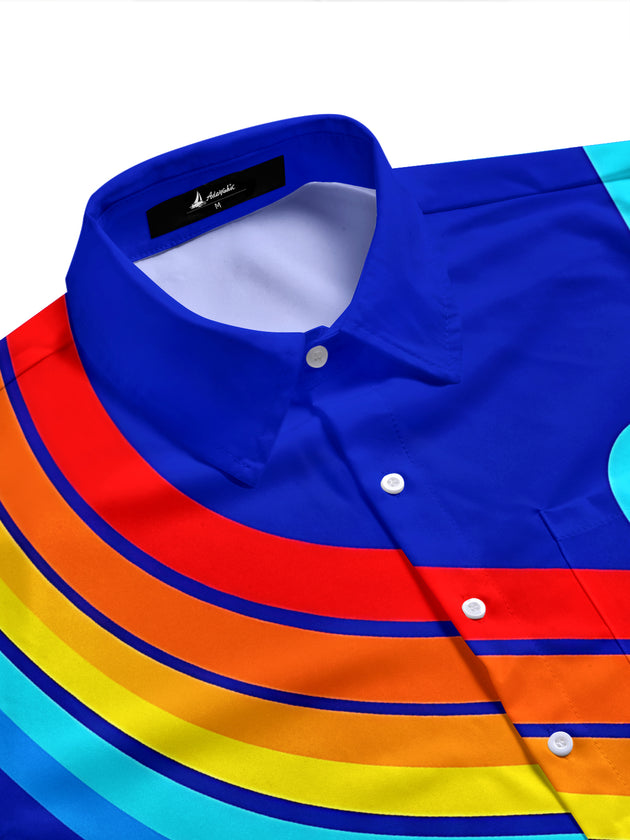 Adaychic Men's Short Sleeve Stand Collar Shirt - Neon Geometric Curved Lines And Circles Print with Chest Pocket