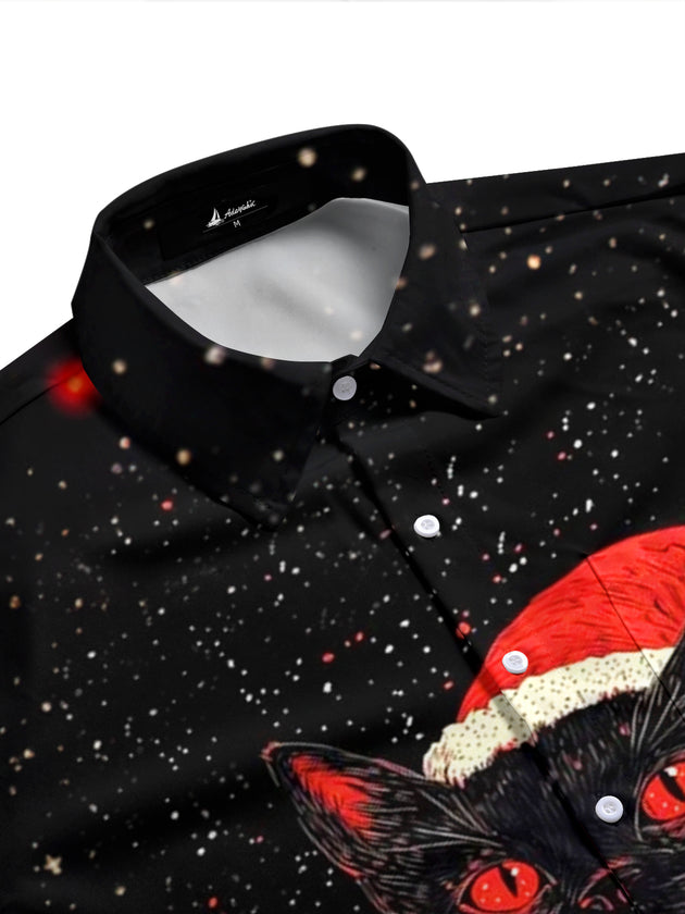 Adaychic Men's Graphic Black Cat With Santa Hat Print Short Sleeve Shirt with Chest Pocket