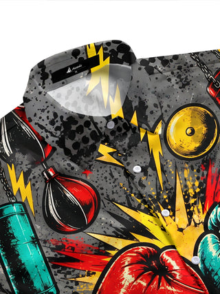 Adaychic Men's Graphic Boxing Gloves And Equipment Print Short Sleeve Shirt with Chest Pocket