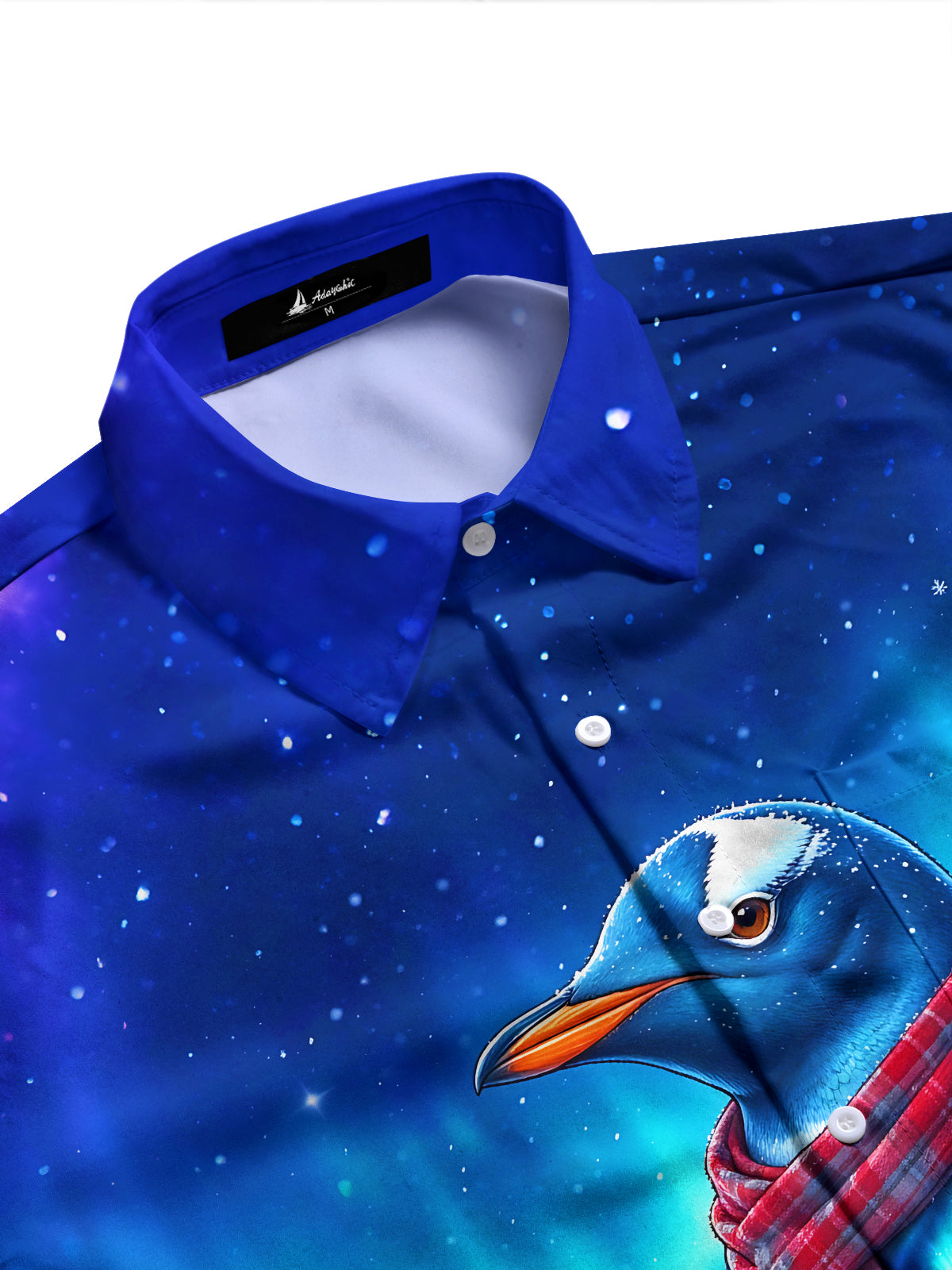 Adaychic Men's Penguin With Plaid Scarf And Backpack Print Long Sleeve Shirt with Chest Pocket