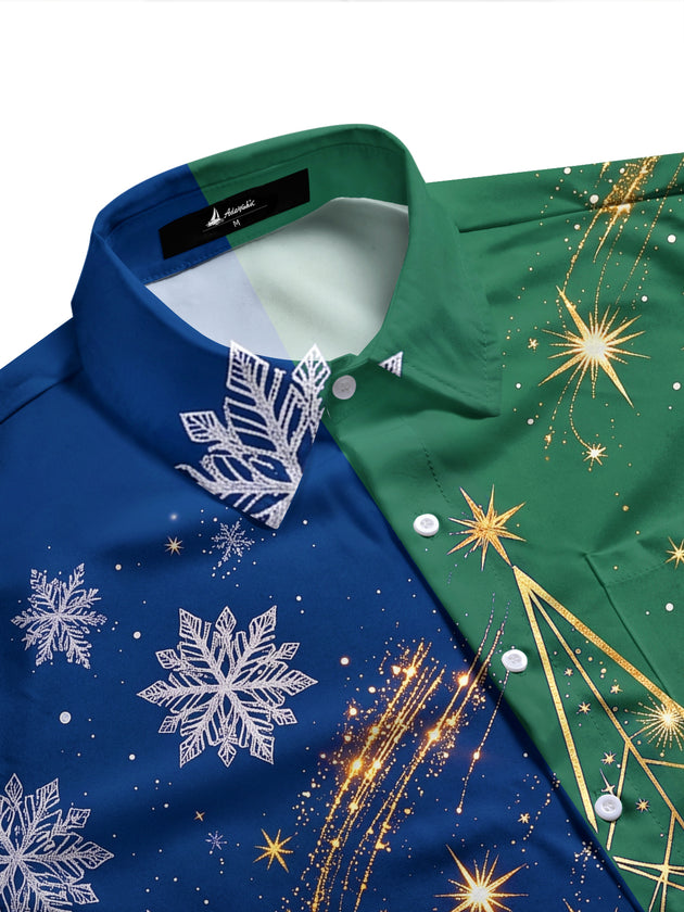 Adaychic Men's Long Sleeve Shirt - Color Block Christmas Trees And Golden Stars Print with Chest Pocket