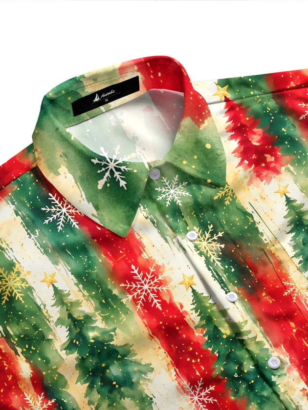 Adaychic Men's Long Sleeve Shirt - Watercolor Christmas Trees And Snowflakes Print with Chest Pocket