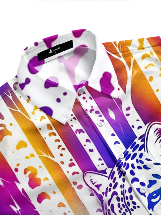 Adaychic Men's Hawaiian Cheetah Portrait Print Short Sleeve Shirt with Chest Pocket