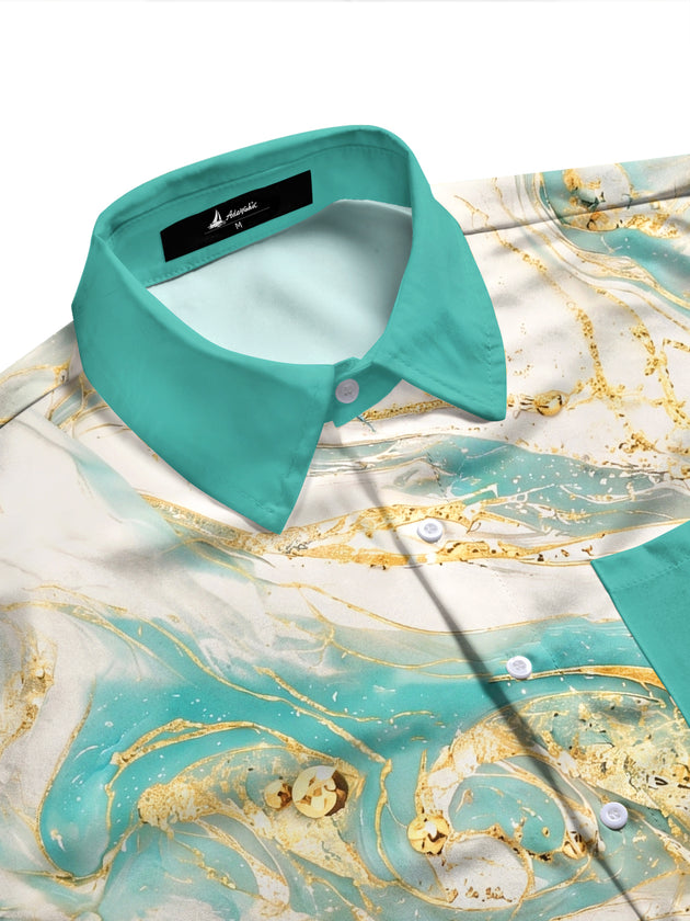 Adaychic Gold Fluid Marble Men's Long Sleeve Shirt with Chest Pocket