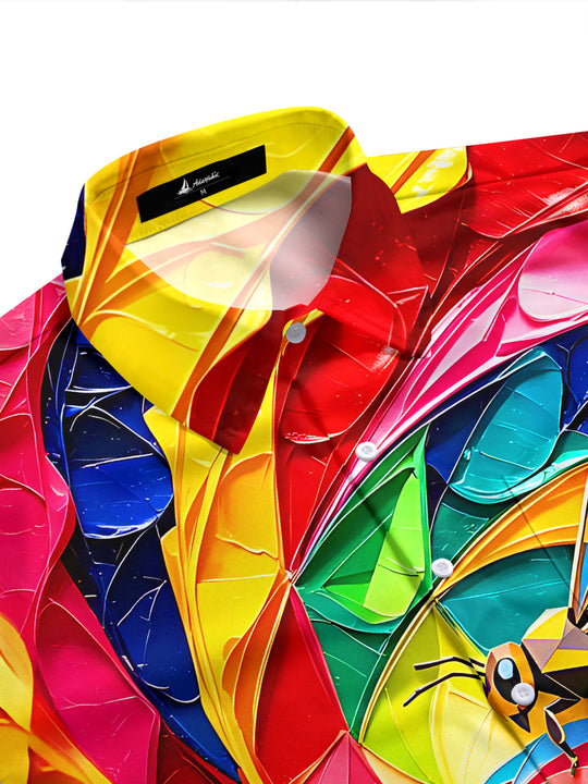 Adaychic Men's Hawaiian Colorful Swirl Bee Print Short Sleeve Shirt with Chest Pocket