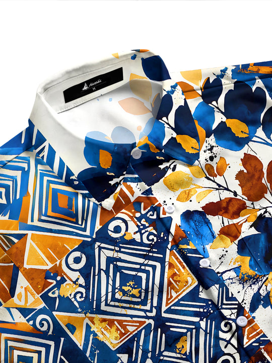 Adaychic Men's Printed Geometric Floral Collage Print Long Sleeve Shirt with Chest Pocket