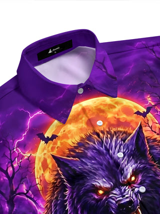 Adaychic Men's Graphic Werewolf Print Short Sleeve Shirt with Chest Pocket
