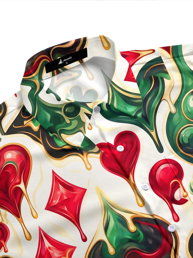 Adaychic Men's Hawaiian Melting Playing Card Suits Print Short Sleeve Shirt with Chest Pocket
