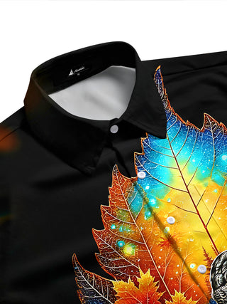 Adaychic Men's Graphic Starry Maple Leaves Print Short Sleeve Shirt with Chest Pocket