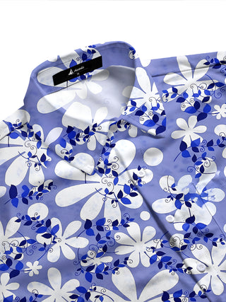 Adaychic Men's Hawaiian Blue And White Floral Pattern Long Sleeve Shirt with Chest Pocket