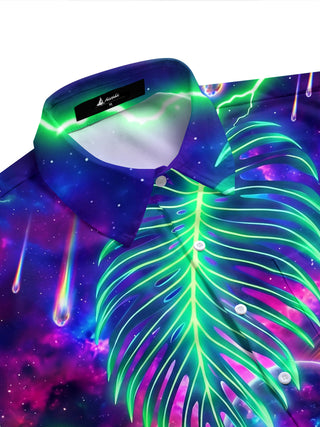 Adaychic Men's Neon Palm Leaves And Galaxy Planet Print Short Sleeve Shirt with Chest Pocket