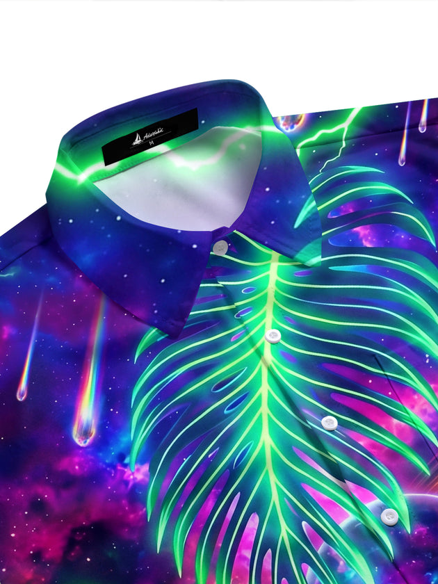 Adaychic Men's Neon Palm Leaves And Galaxy Planet Print Short Sleeve Shirt with Chest Pocket