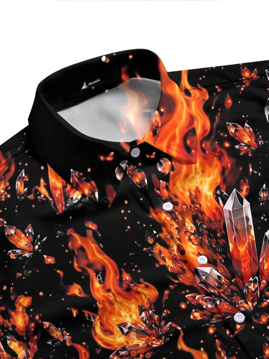 Adaychic Men's Printed Flame Crystal Print Short Sleeve Shirt with Chest Pocket