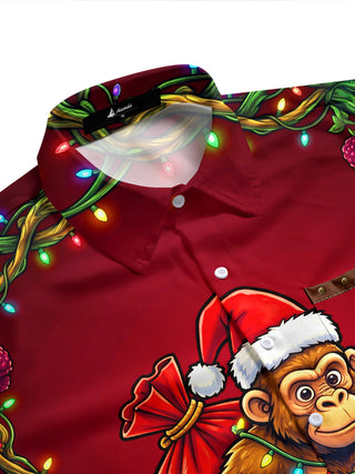 Adaychic Men's Short Sleeve Stand Collar Shirt - Monkey Wearing Santa Hat And Christmas Lights Carrying A Sack Print with Chest Pocket