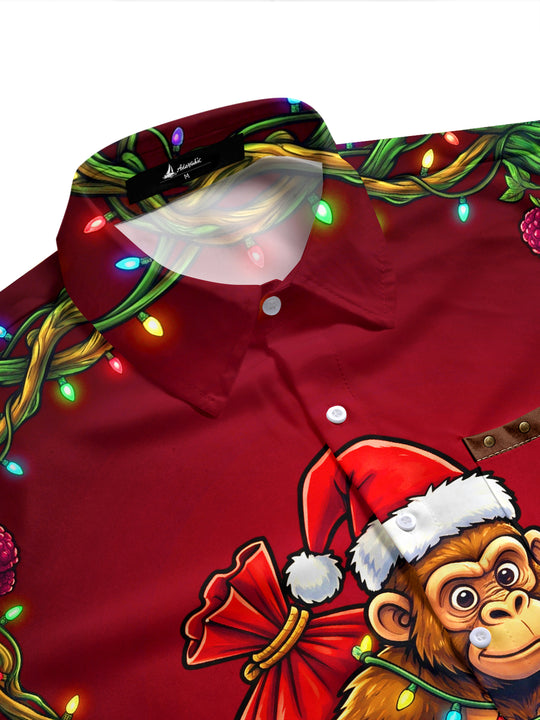 Adaychic Men's Short Sleeve Stand Collar Shirt - Monkey Wearing Santa Hat And Christmas Lights Carrying A Sack Print with Chest Pocket