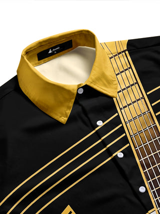 Adaychic Men's Graphic Guitar Print Musical Notes Print Short Sleeve Shirt with Chest Pocket
