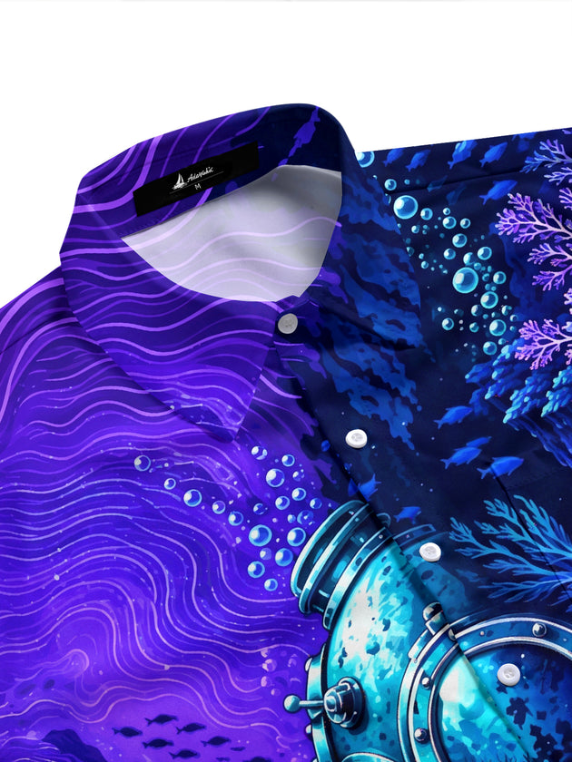 Adaychic Men's Short Sleeve Shirt - Vintage Diving Helmet And Underwater Coral Reef Print with Chest Pocket