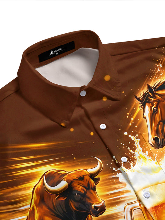 Adaychic Men's Graphic Bull And Horse With Beer Splash Print Short Sleeve Shirt with Chest Pocket