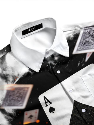 Adaychic Men's Graphic Playing Cards And Ace Of Spades Print Long Sleeve Shirt with Chest Pocket