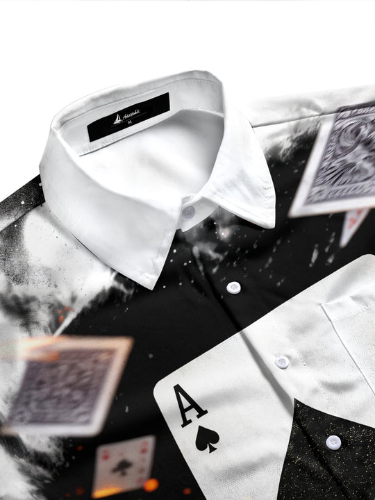 Adaychic Men's Graphic Playing Cards And Ace Of Spades Print Long Sleeve Shirt with Chest Pocket