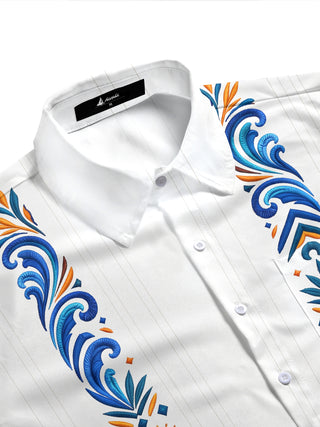 Adaychic Men's Geometric Floral And Sunburst Pattern Short Sleeve Shirt with Chest Pocket