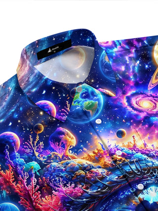 Adaychic Men's Hawaiian Cosmic Eye And Marine Life Print Short Sleeve Shirt with Chest Pocket