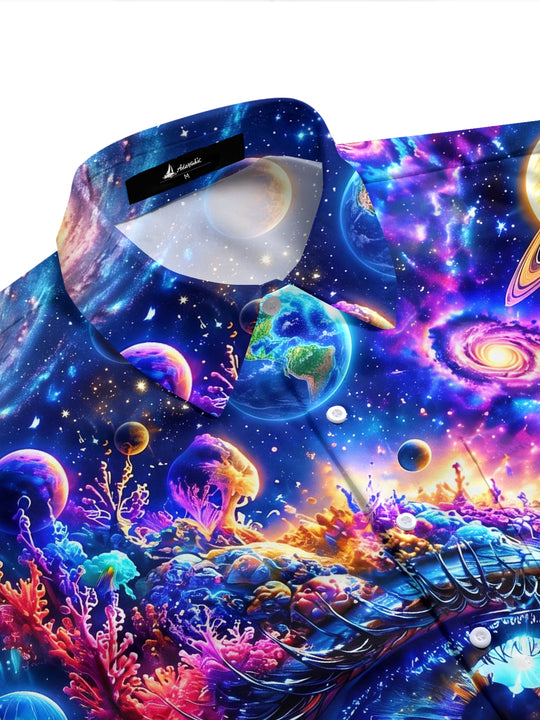 Adaychic Men's Hawaiian Cosmic Eye And Marine Life Print Short Sleeve Shirt with Chest Pocket