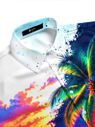 Adaychic Men's Palm Tree And Sunset Beach Scene Print Short Sleeve Shirt with Chest Pocket