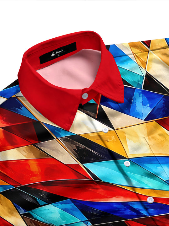 Adaychic Men's Colorful Geometric Abstract Shapes Print Long Sleeve Shirt with Chest Pocket