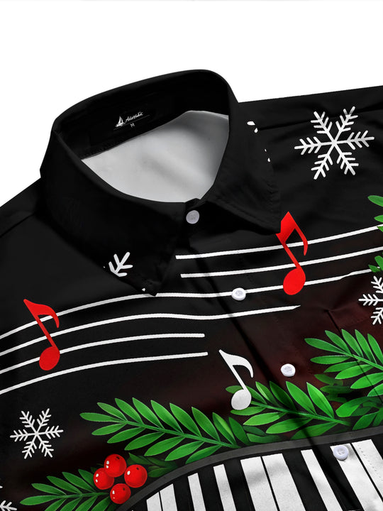 Adaychic Men's Long Sleeve Shirt - Christmas Piano Keyboard And Musical Notes Print with Chest Pocket
