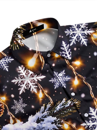 Adaychic Men's Long Sleeve Shirt - Christmas Snowflakes Pine Cones And Fairy Lights Print with Chest Pocket