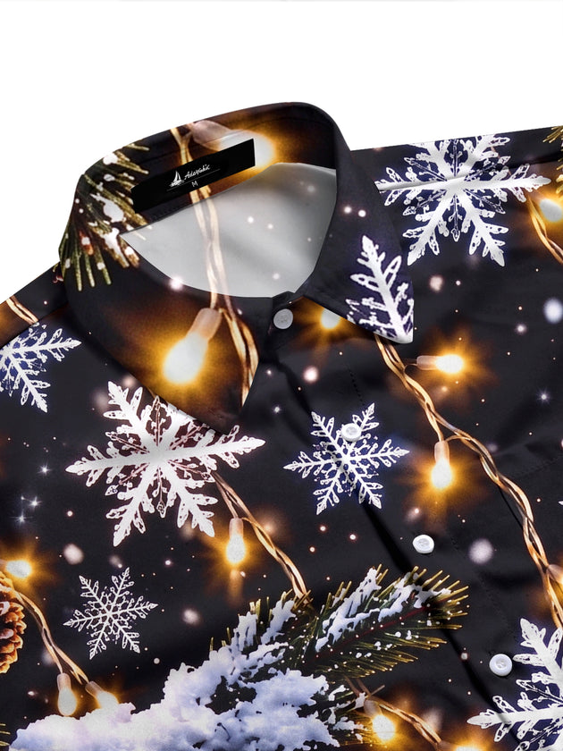 Adaychic Men's Long Sleeve Shirt - Christmas Snowflakes Pine Cones And Fairy Lights Print with Chest Pocket