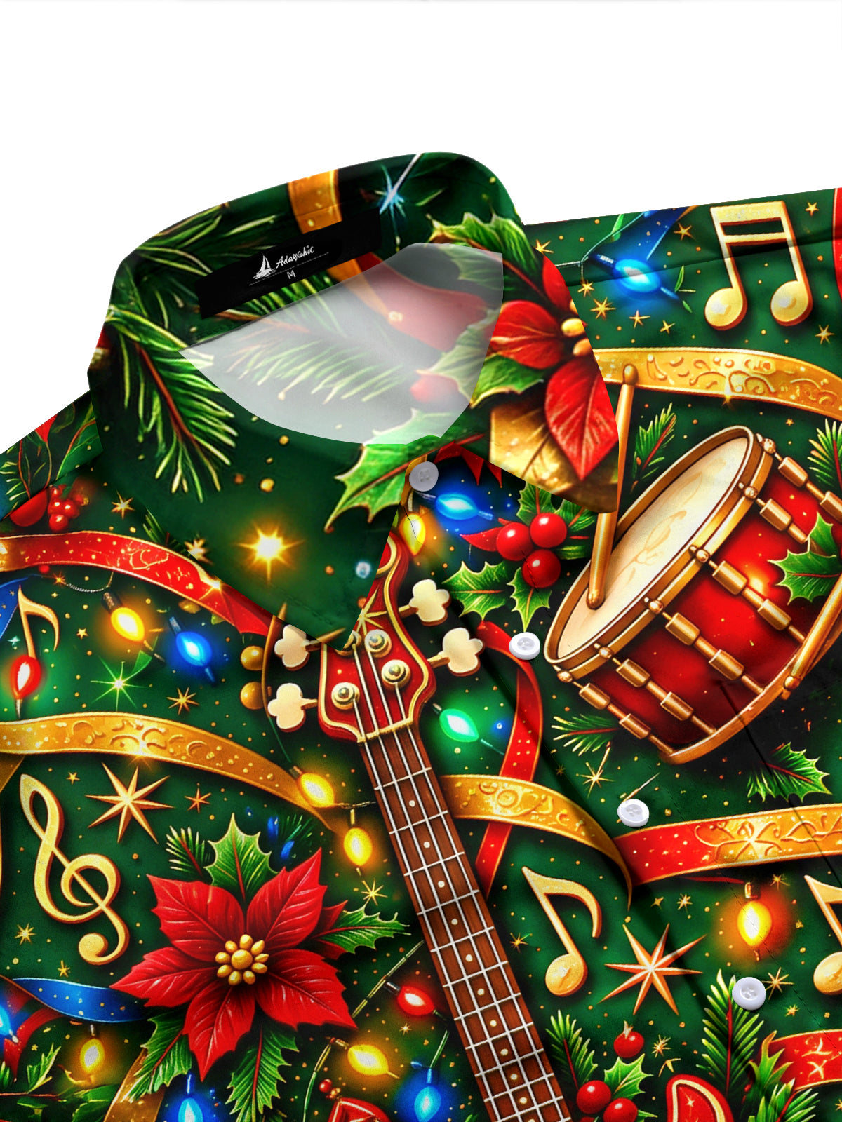 Adaychic Men's Long Sleeve Shirt - Bass Guitars And Drums With Christmas Motifs Print with Chest Pocket