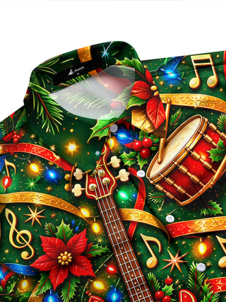 Adaychic Men's Long Sleeve Shirt - Bass Guitars And Drums With Christmas Motifs Print with Chest Pocket