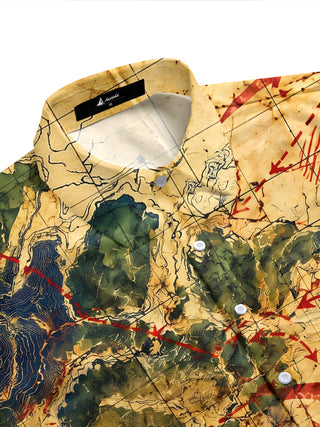 Adaychic Men's Short Sleeve Shirt - Vintage Map With Compass Rose And Topography Print with Chest Pocket