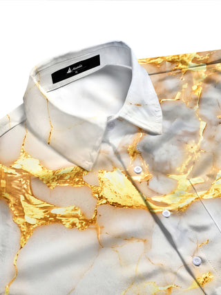 Adaychic Men's Printed White And Gold Marble Texture Print Long Sleeve Shirt with Chest Pocket