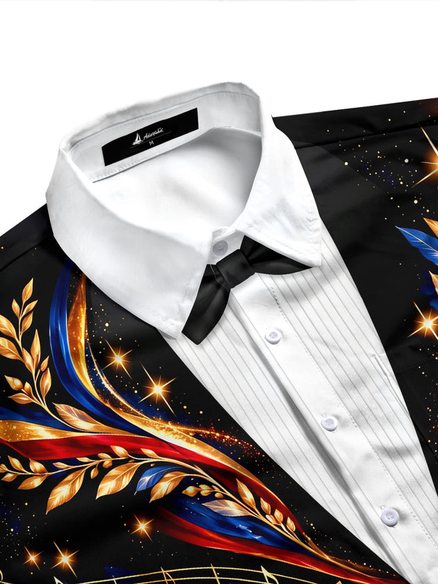 Adaychic Men's Long Sleeve Shirt - Veterans Day Musical Notes And Gold Leaves With Patriotic Ribbons Print with Chest Pocket