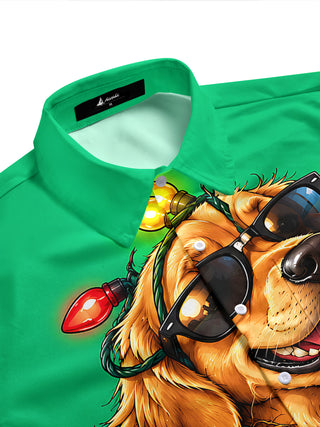 Adaychic Men's Graphic Christmas Dog And String Lights Print Short Sleeve Shirt with Chest Pocket