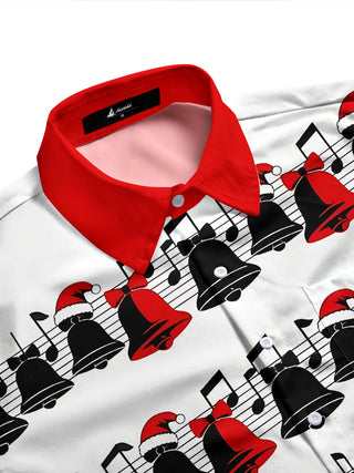 Adaychic Men's Long Sleeve Shirt - Christmas Bells And Musical Notes With Santa Hats Print with Chest Pocket