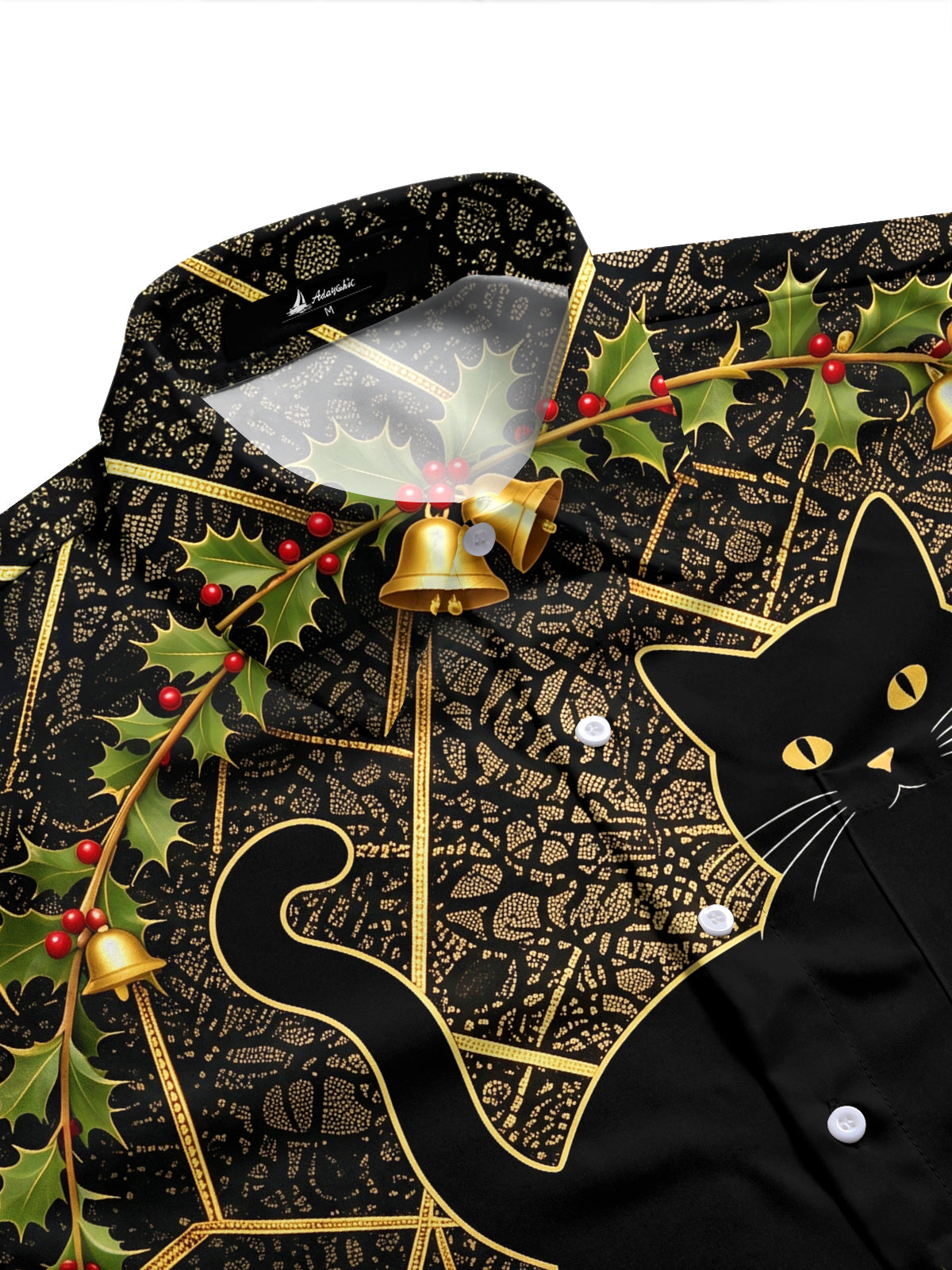 Adaychic Men's Graphic Holly And Bells Print Holly Print Long Sleeve Shirt with Chest Pocket